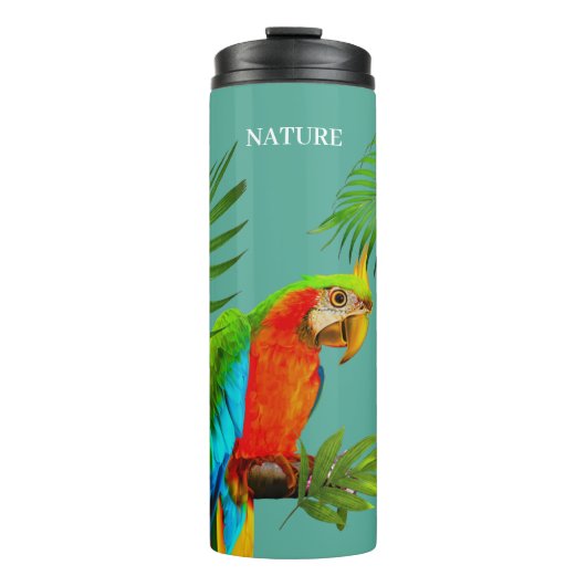 Meerkleurige Macaw Bird & Palm Leaves Thermosbeker (Voorkant)