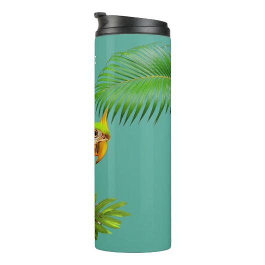 Meerkleurige Macaw Bird & Palm Leaves Thermosbeker (Geroteerd rechts)