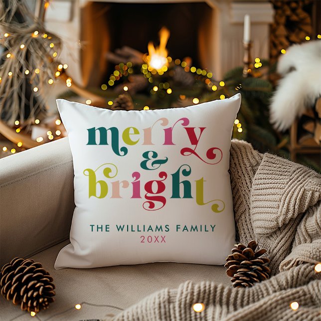 Meerkleurige moderne vrolijke en heldere kerst kussen (Multi Colored Modern Merry & Bright Christmas Throw Pillow)