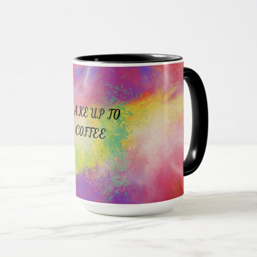 Meerkleurige mok van twee tonnen koffie. (Voorkant rechts)