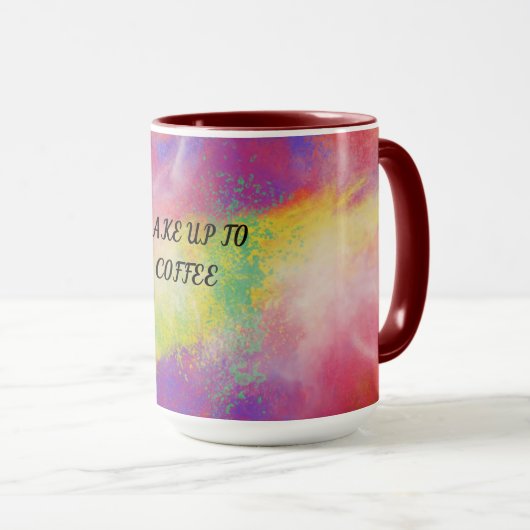 Meerkleurige mok van twee tonnen koffie. (Voorkant rechts)