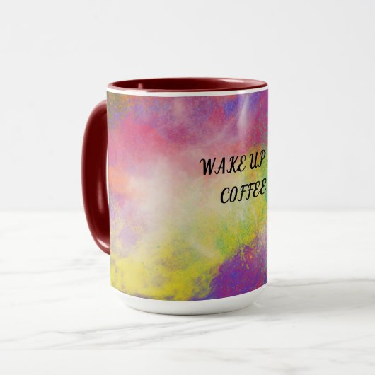 Meerkleurige mok van twee tonnen koffie. (Voorkant links)