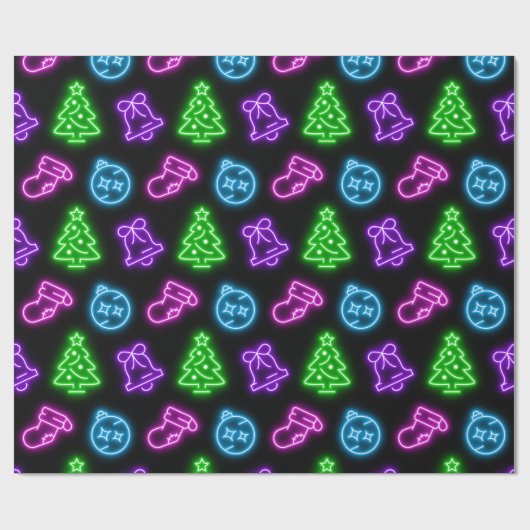 Meerkleurige neon kerst op zwart cadeaupapier (Vlak)