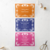 Meerkleurige papel picado liefhebbers bruiloft drieluik uitnodiging (Binnen)