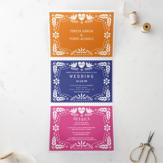 Meerkleurige papel picado liefhebbers bruiloft drieluik uitnodiging (Binnen)
