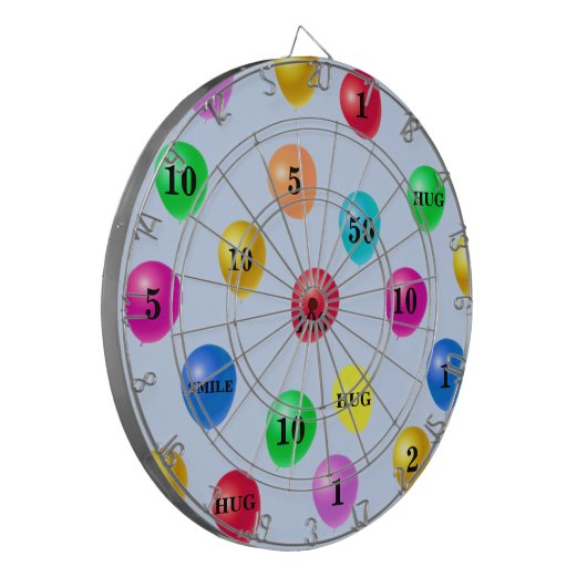 Meerkleurige partijballonnen op lichtblauw dartbord (Voorkant Links)