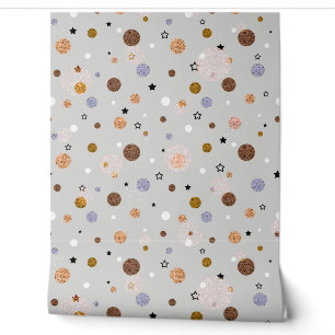 Meerkleurige polka stippen op grijs.  behang
