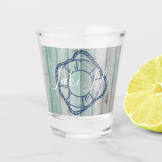 Meerleven & reddingsboei Blauwe Hout Shot Glas (Voorkant)