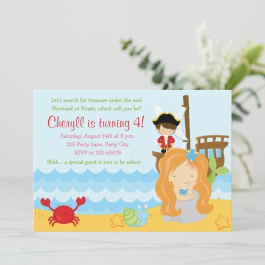 Meermaid Birthday Invitations for Girls with Pirat Kaart (Staand voorkant)