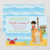Meermaid Birthday Invitations for Girls with Pirat Kaart (Voorkant / Achterkant)