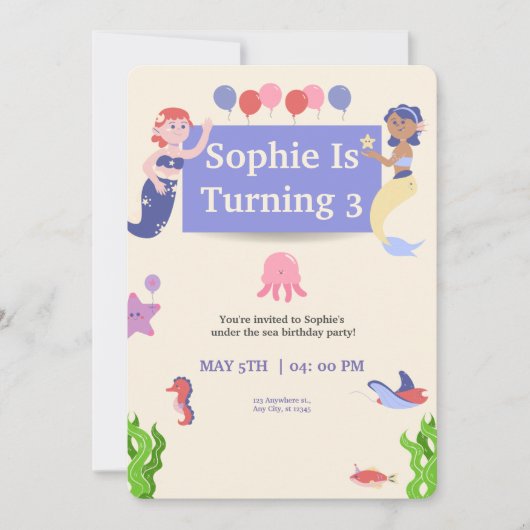 Meermaid Birthday Party Invitation, Zee Kaart (Voorkant)