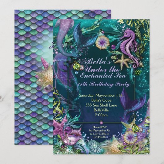 Meermaid Birthday Party Kaart (Voorkant / Achterkant)