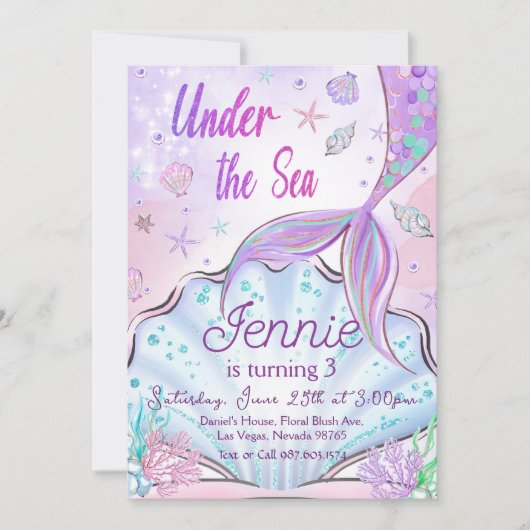 Meermaid Birthday-uitnodiging onder de Zee partij Kaart (Voorkant)