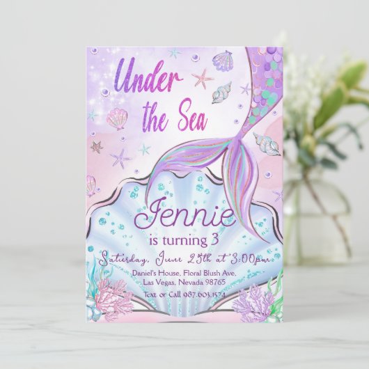 Meermaid Birthday-uitnodiging onder de Zee partij Kaart (Staand voorkant)