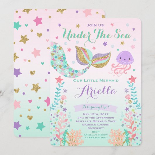 Meermaid Birthday-uitnodiging onder de Zee partij Kaart (Voorkant / Achterkant)