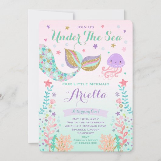 Meermaid Birthday-uitnodiging onder de Zee partij Kaart (Voorkant)