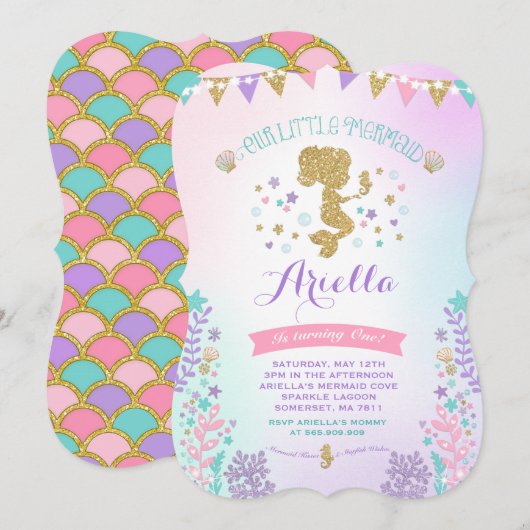 Meermaid Birthday-uitnodiging onder de Zee partij Kaart (Voorkant / Achterkant)