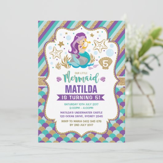 Meermaid Birthday-uitnodiging onder de Zee partij Kaart (Staand voorkant)