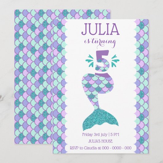 Meermaid Birthday-uitnodiging onder de Zee partij Kaart (Voorkant / Achterkant)