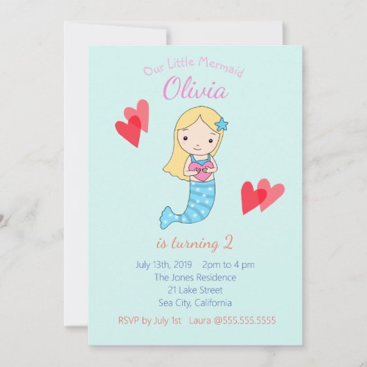 Meermaid Birthday-uitnodiging onder de Zee partij Kaart (Voorkant)