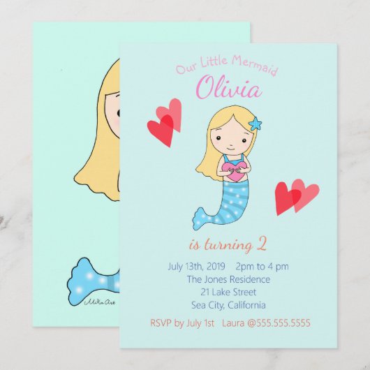 Meermaid Birthday-uitnodiging onder de Zee partij Kaart (Voorkant / Achterkant)
