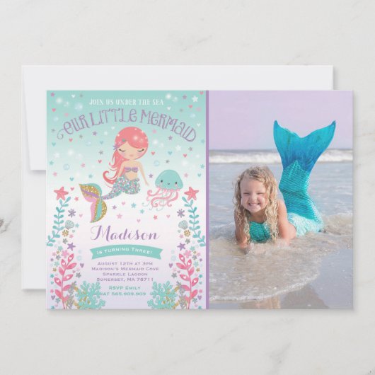 Meermaid Birthday-uitnodiging onder de Zee partij Kaart (Voorkant)