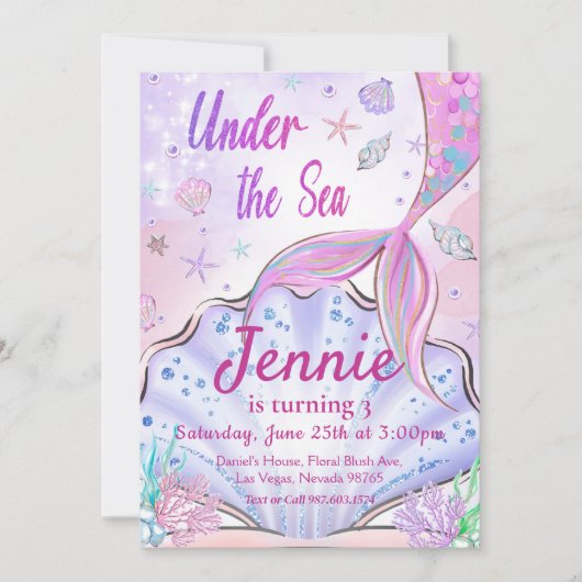 Meermaid Birthday-uitnodiging onder de Zee partij Kaart (Voorkant)