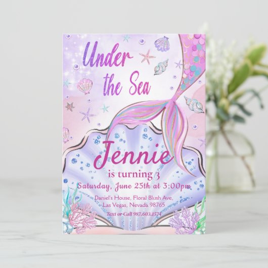 Meermaid Birthday-uitnodiging onder de Zee partij Kaart (Staand voorkant)