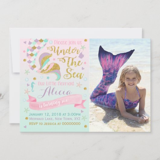 Meermaid Birthday-uitnodiging onder de Zee partij Kaart (Voorkant)