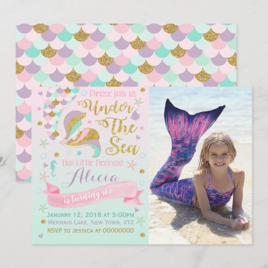 Meermaid Birthday-uitnodiging onder de Zee partij Kaart (Voorkant / Achterkant)