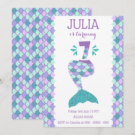 Meermaid Birthday-uitnodiging onder de Zee partij Kaart (Voorkant / Achterkant)