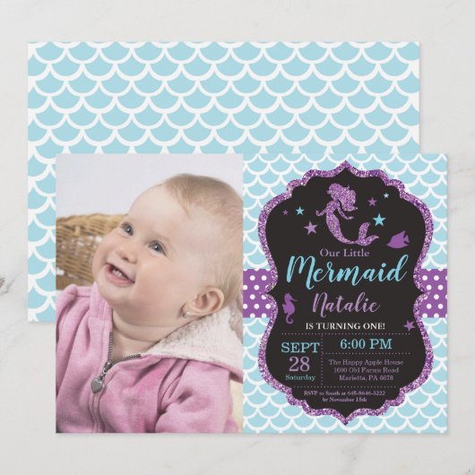 Meermaid Birthday-uitnodiging onder de Zee partij Kaart (Voorkant / Achterkant)