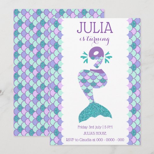 Meermaid Birthday-uitnodiging onder de Zee partij Kaart (Voorkant / Achterkant)