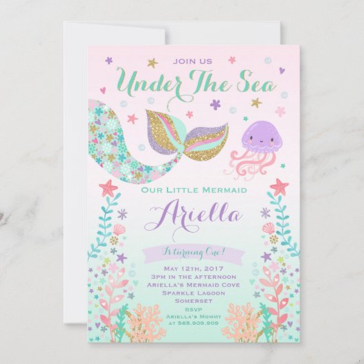 Meermaid Birthday-uitnodiging onder de Zee partij Kaart (Voorkant)