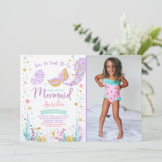 Meermaid Birthday-uitnodiging onder de Zee partij Kaart (Staand voorkant)