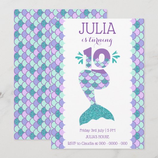 Meermaid Birthday-uitnodiging onder de Zee partij Kaart (Voorkant / Achterkant)