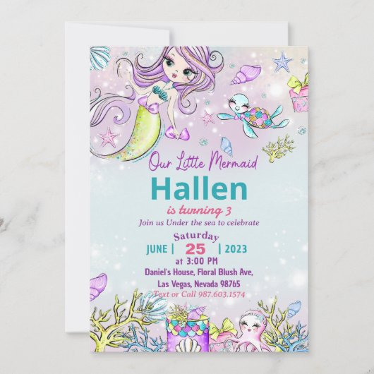 Meermaid Birthday-uitnodiging onder de Zee partij Kaart (Voorkant)