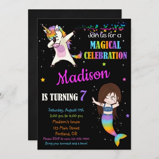 Meermaid en Unicorn-verjaardagsuitnodiging Dabbing Kaart (Voorkant / Achterkant)