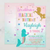 Meermaid en Unicorn verjaardagsuitnodiging Kaart (Voorkant / Achterkant)