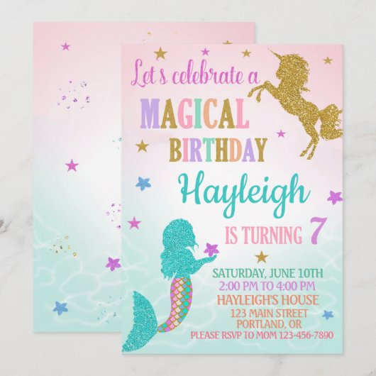 Meermaid en Unicorn verjaardagsuitnodiging Kaart (Voorkant / Achterkant)