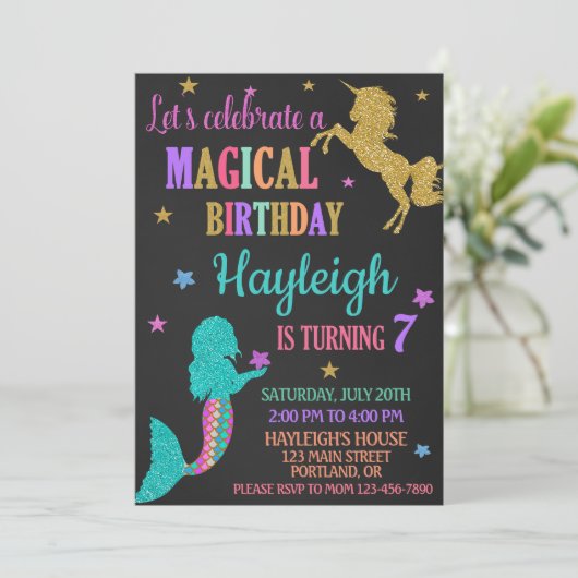 Meermaid en Unicorn verjaardagsuitnodiging Magisch Kaart (Staand voorkant)
