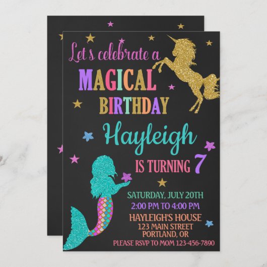 Meermaid en Unicorn verjaardagsuitnodiging Magisch Kaart (Voorkant / Achterkant)