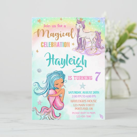 Meermaid en Unicorn verjaardagsuitnodiging Meisjes Kaart (Staand voorkant)