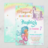 Meermaid en Unicorn verjaardagsuitnodiging Meisjes Kaart (Voorkant / Achterkant)