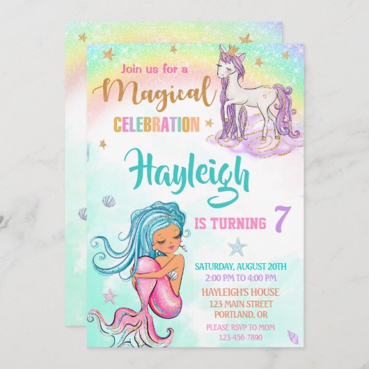 Meermaid en Unicorn verjaardagsuitnodiging Meisjes Kaart (Voorkant / Achterkant)