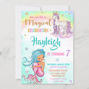 Meermaid en Unicorn verjaardagsuitnodiging Meisjes Kaart