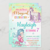 Meermaid en Unicorn verjaardagsuitnodiging Meisjes Kaart (Voorkant / Achterkant)