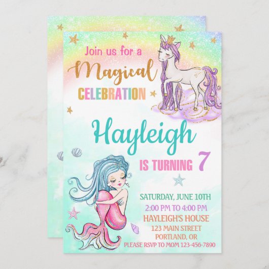 Meermaid en Unicorn verjaardagsuitnodiging Meisjes Kaart (Voorkant / Achterkant)