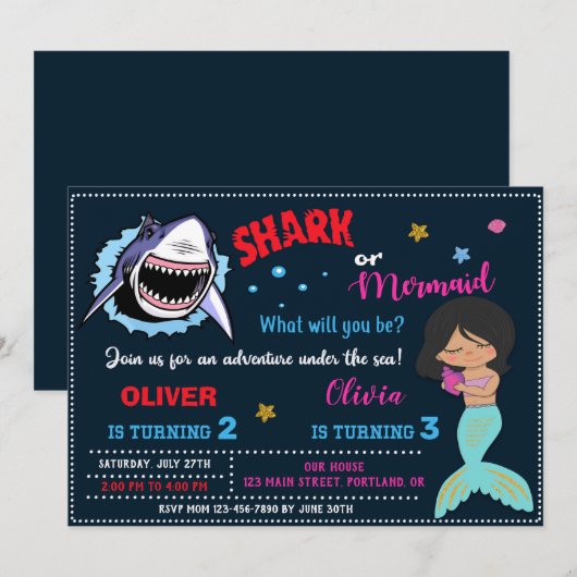 Meermaid of haaienverjaardagsuitnodiging Shark-aan Kaart (Voorkant / Achterkant)