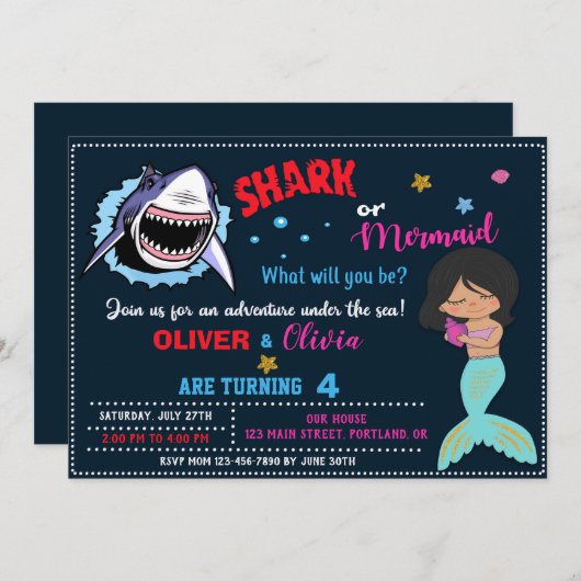 Meermaid of haaienverjaardagsuitnodiging Shark-aan Kaart (Voorkant / Achterkant)